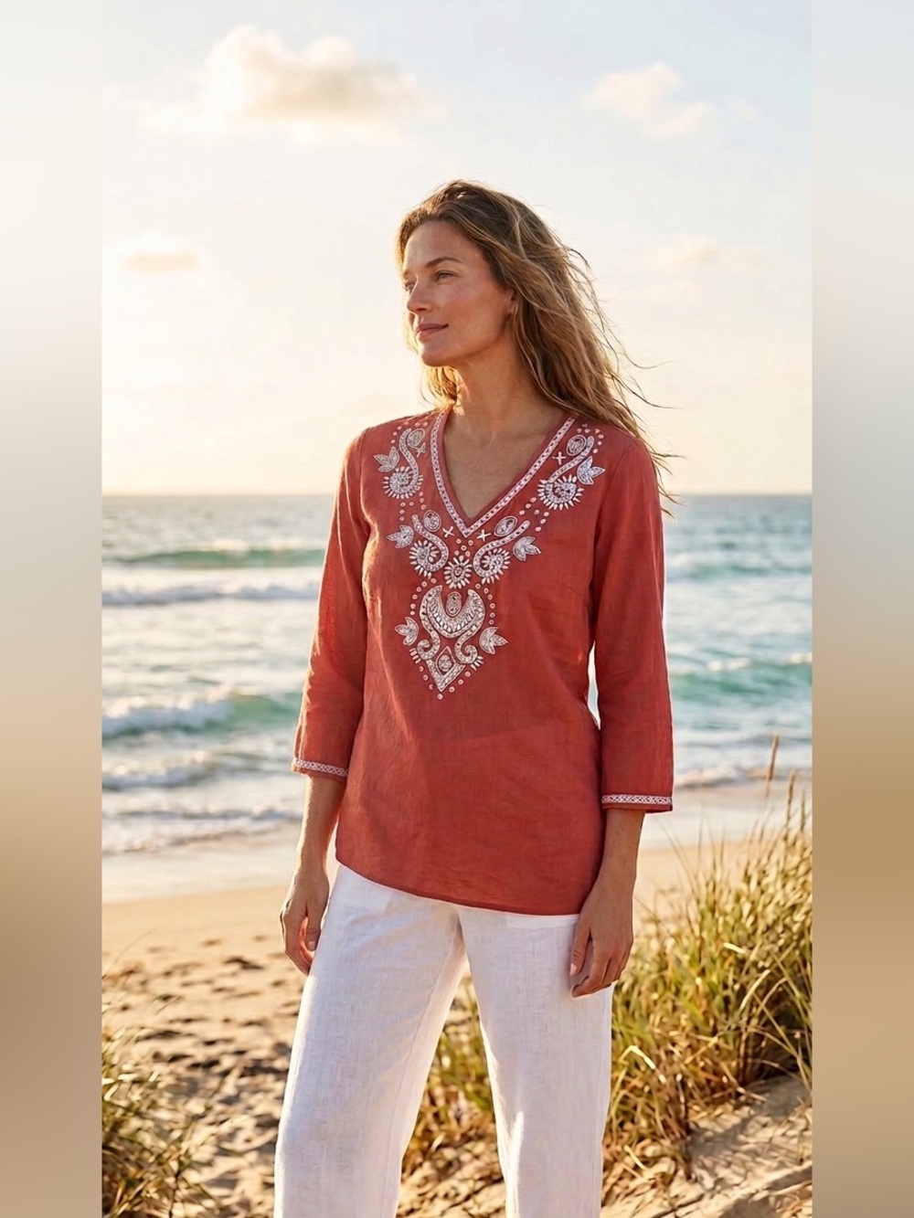 Charter Club Luxury beaded 100% linen salmon top Size PM beach boho
